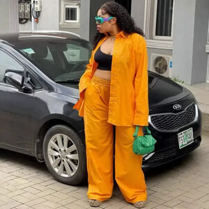 ZARA Plus-Size Notch Button Top & Wide-Leg Pants African Set